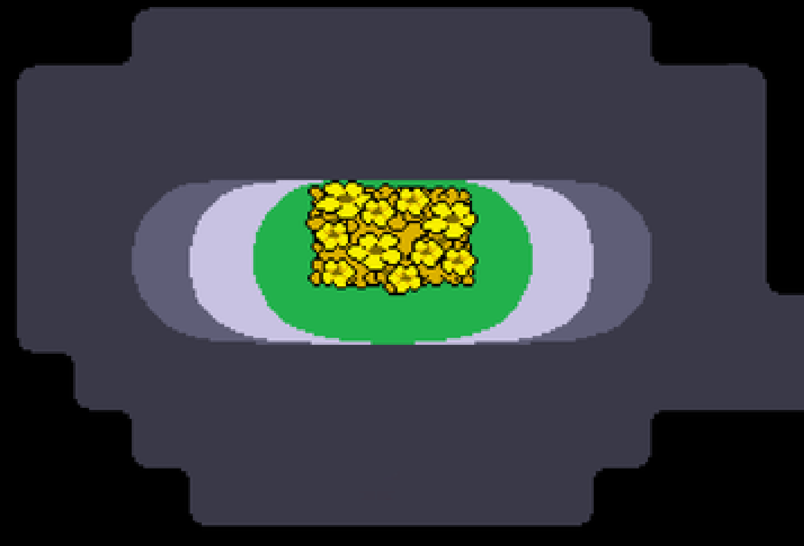 a small room, floor covered in golden flowers