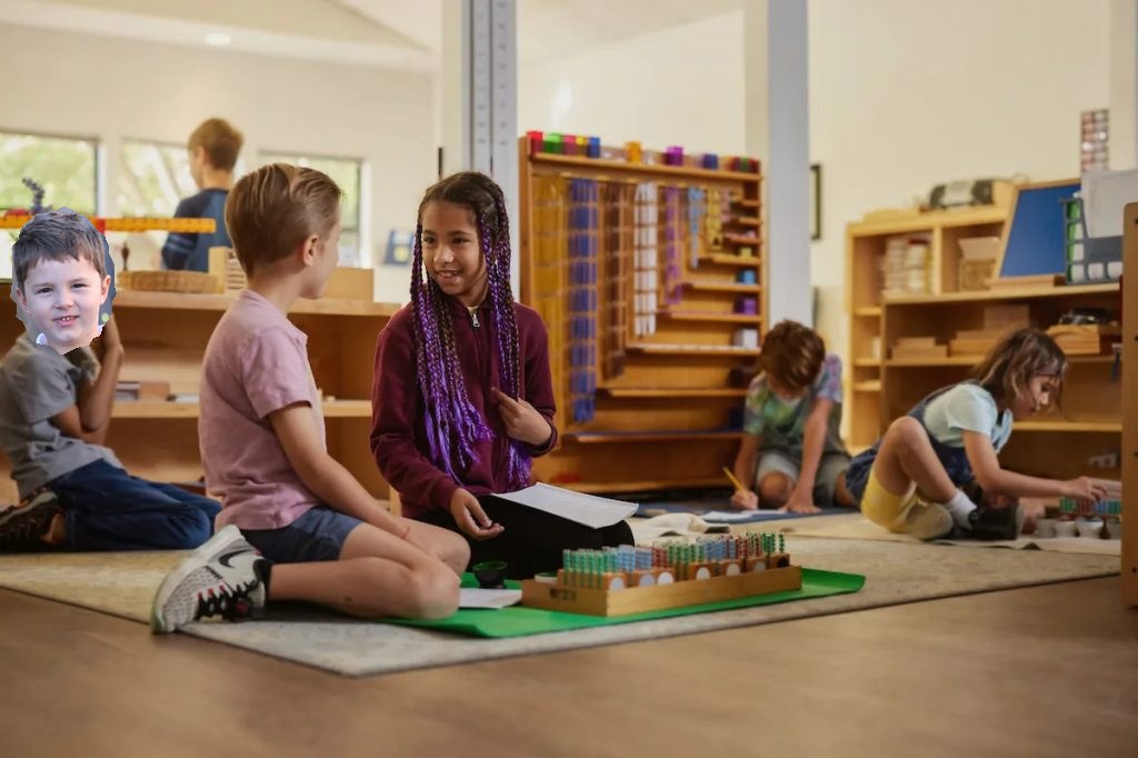 A Montessori classroom, with my six year old face badly pasted onto one of the kids
