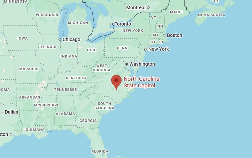 Map of the eastern United States with a red pin on Raleigh, North Carolina