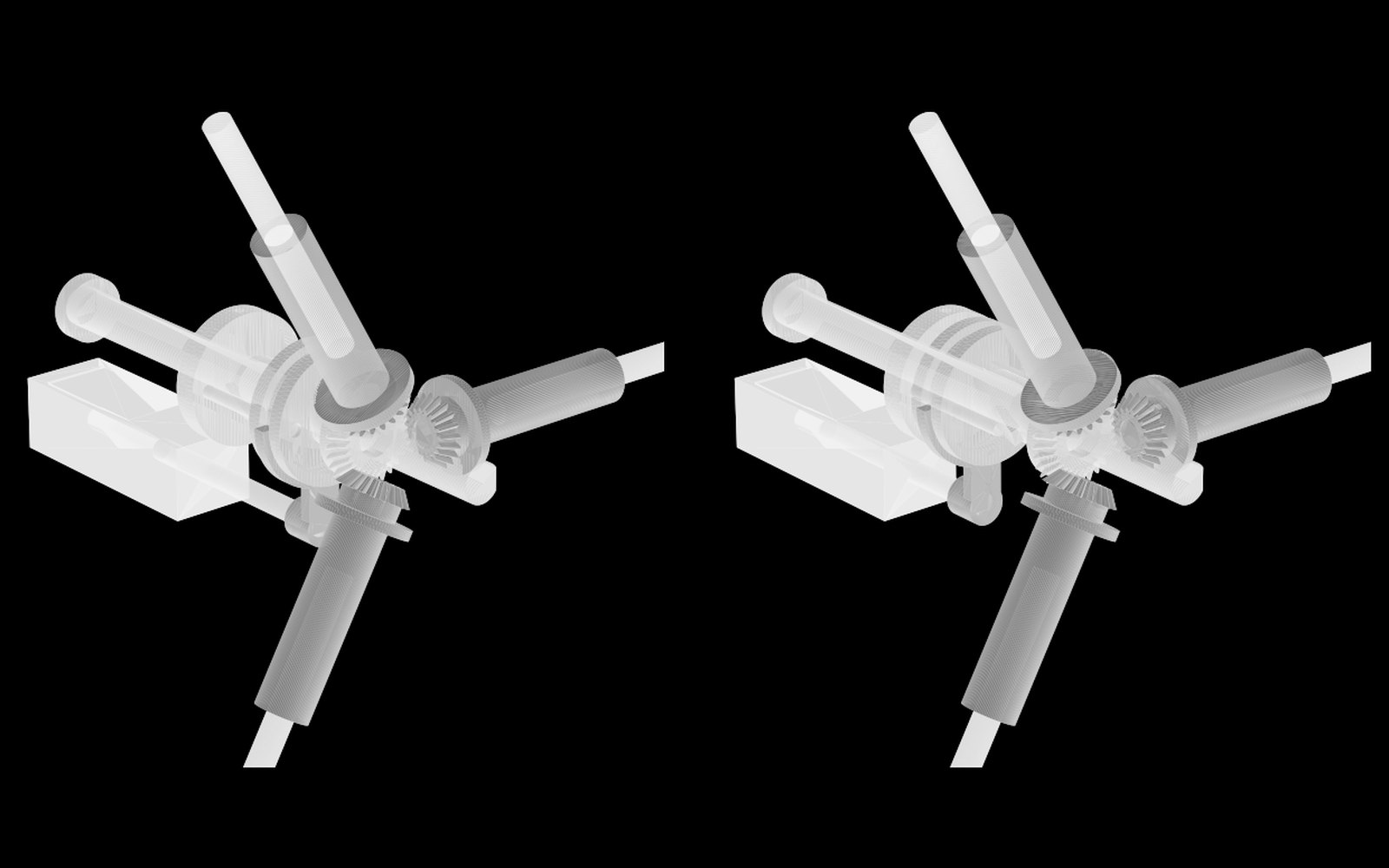 The pitch drive train with the hub hidden, at zero stroke on the left and thirty millimeters of stroke on the right: the actuator, fork, nut, helical lead screw, central bevel gear and three blade gears