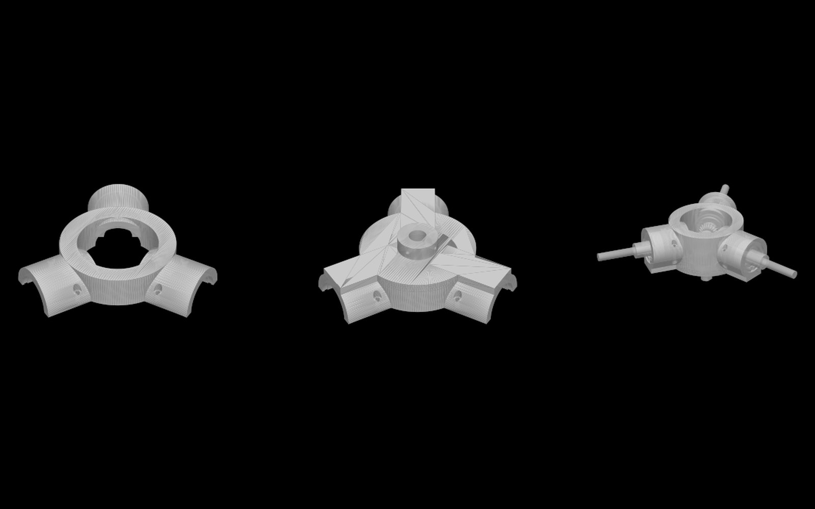 Three renders of the 3x scale hub model: the front half, the back half with the central gear boss, and the full assembly with three blade arms and rod stubs