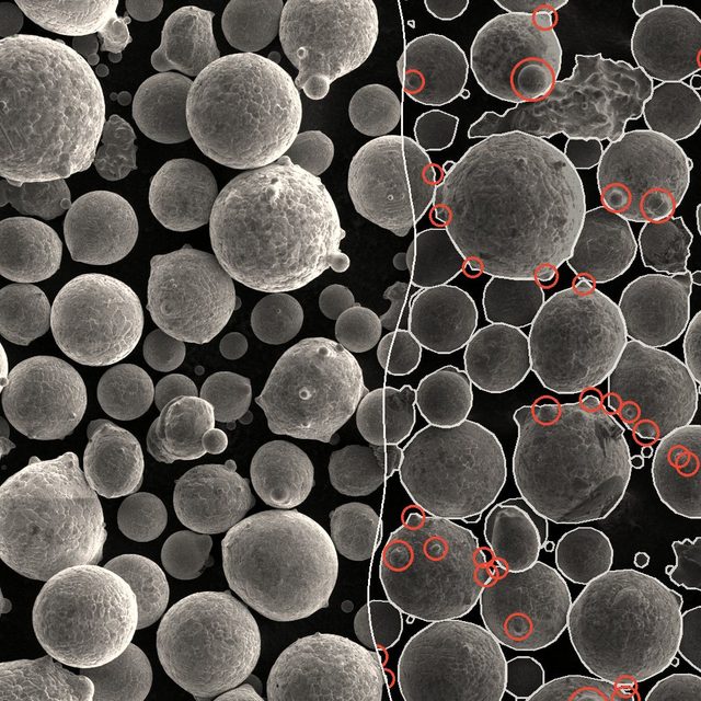 SEM image of metal powder with particles outlined
